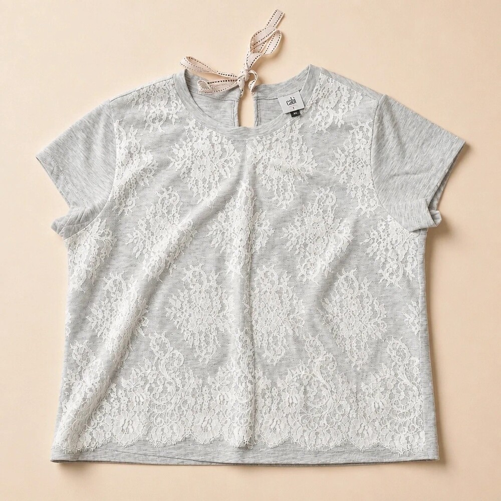 Cabi Heather Grey Short Sleeve Lace Overlay Top with Back Ribbon Tie